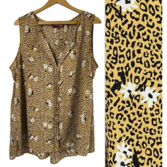 Leopard Tunic Tank Top 2X Womens Floral V Neck Chiffon Boho Romantic Festival - Picture 1 of 11